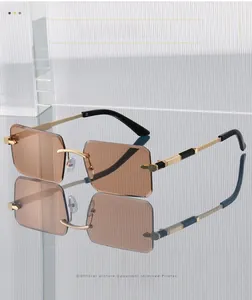 Detail of rimless sunglasses with gold metal temples and textured black accents