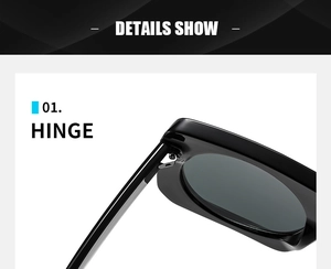 Detail showing the sturdy black hinge construction of large square frame sunglasses