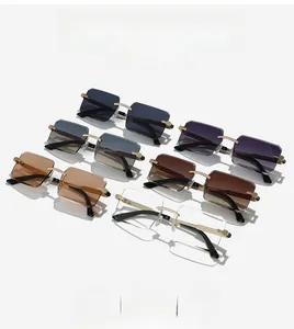 Detailed grid showing rimless square sunglasses in six jelly color gradients with gold frames
