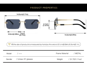 Detailed dimensions of rimless rectangle sunglasses with grey lenses and metal frame