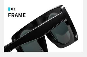Detail of high-quality black square frame sunglasses hinges and glossy temple connection