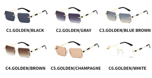 Six assorted jelly color rimless rectangle sunglasses with golden metal temples and tips