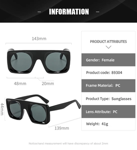 Detailed size chart of square frame sunglasses with PC frame measurements and weight info