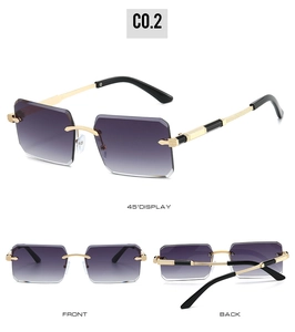 Three-view display of rimless purple gradient sunglasses with detailed gold metal temples
