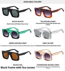 Matrix display of six square oversized sunglasses in various transparent frame colors
