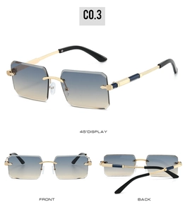Detailed views of rimless rectangular sunglasses with blue-brown gradient lenses and gold temples