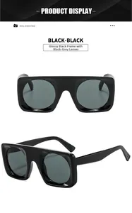 Front and side views of oversized flat top square sunglasses in glossy black PC frame
