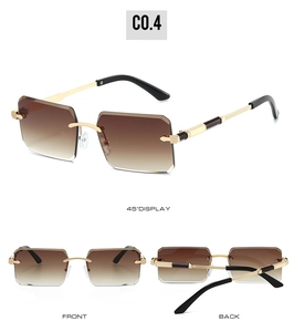 Three-view display of rimless rectangle sunglasses with brown gradient lenses and gold frames