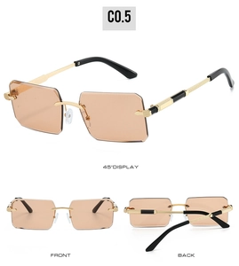 Detail view of rimless rectangle sunglasses with coffee lenses and gold temples