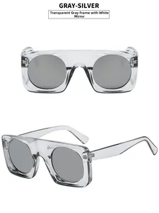 Detail view of square gray frame sunglasses with silver mirror round lenses from multiple angles