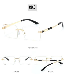 Frameless glasses detail with gold metal temples and black anti-slip tips, multiple views