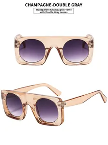Detail of square oversized champagne sunglasses with gray gradient lenses from two angles