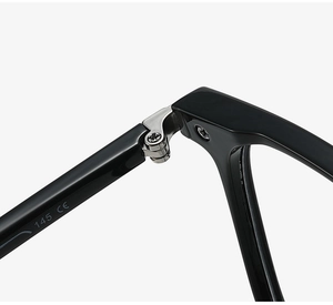Close-up of metal hinge detail and 145 CE engraving on black square glasses frame