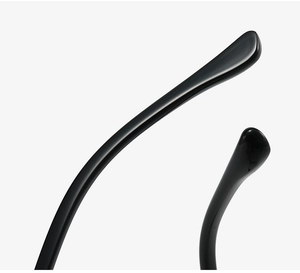 Detailed close-up of glossy black ergonomic temple tips for square frame glasses