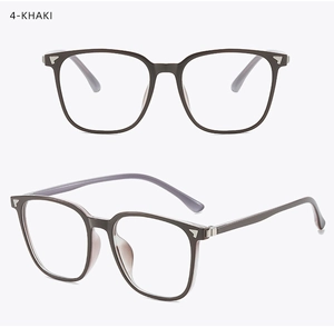 Detailed views of khaki square eyeglass frames with stylish metal rivet accents