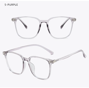 Detail view of transparent purple square eyewear frames with sleek metallic accents