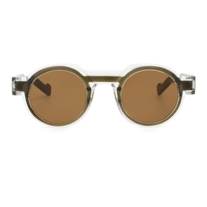 Detaillierte Frontansicht der runden Retro-Acetat-Sonnenbrille mit grüner Schichtung