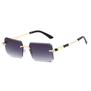 Frameless rimless hexagon sunglasses with purple gradient lenses and gold metal frames