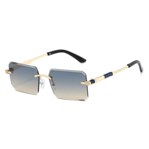 Frameless rimless sunglasses with blue brown gradient lenses and golden metal temples