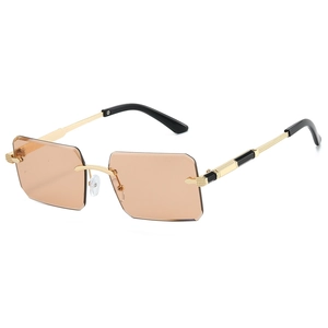 Frameless rectangle sunglasses with brown gradient lenses and gold metal frames