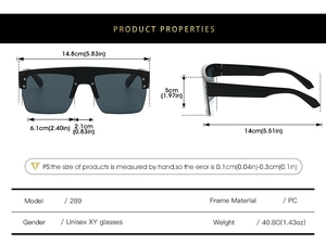 Detailed size chart and technical specifications for large square frame sports sunglasses