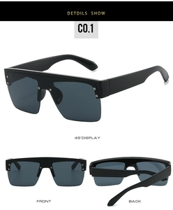 Detailed views of square oversized sunglasses with silver decorative studs and grey lenses