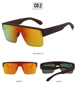 Three views of oversized sports sunglasses with orange gradient lenses and metal rivet details