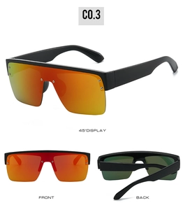 Black oversized square sunglasses with orange gradient lenses and silver studs in multiple views