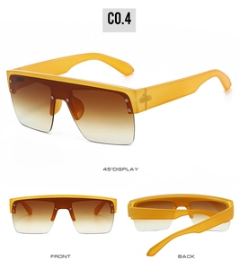 Three views of square oversized sunglasses in yellow resin with brown gradient lenses