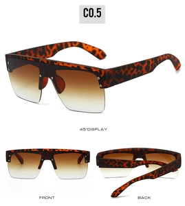 Detailed views of leopard print oversized square sunglasses with silver metal rivets