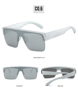 Three-view display of oversized sports sunglasses with silver frames and grey lenses