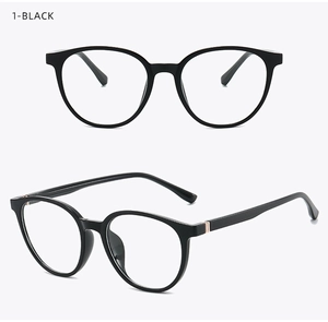 Detail of round black frame glasses showing golden hinges and dual-angle view