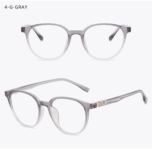 Close-up of grey gradient round glasses frame showing metal hinges and inner temple size