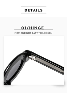 Detail showing firm silver metal hinge of vintage black oval sunglasses