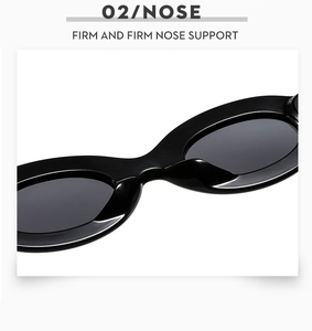 Close-up of vintage oval sunglasses featuring a firm reinforced integrated nose support