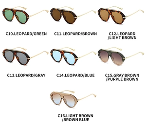 Detailed grid of oversized retro aviator sunglasses in various colors and golden metal temples