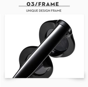 Detailed close-up of a high-gloss black oval sunglasses frame showing unique hinge design