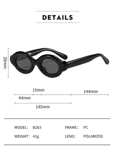 Detailed size chart for retro oval sunglasses showing dimensions and polarized lens specs