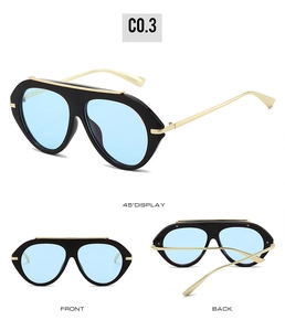 Detailed views of oversized aviator sunglasses with black frames and light blue lenses