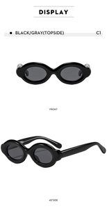 Front and side view of vintage oval black sunglasses with stylish gray lenses