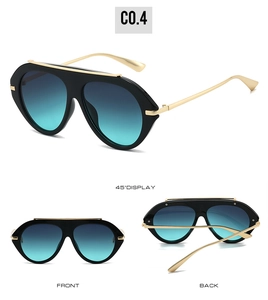 Three views of oversized aviator sunglasses with blue-green gradient lenses and gold temples