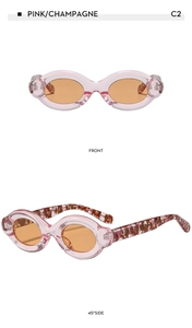 Detailed front and side views of pink champagne sunglasses with leopard print temples