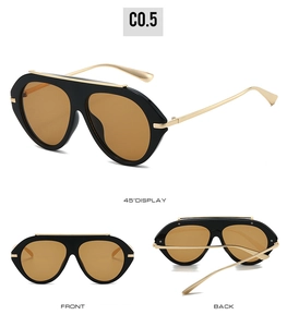 Three-angle view of oversized pilot sunglasses with gold bridge and black frame
