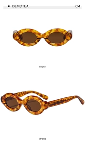 Front and 45 degree side views of demi tortoise oval sunglasses with tea lenses