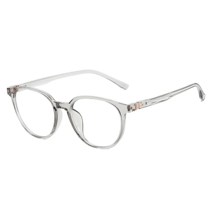 Retro round transparent grey glasses frame with elegant rose gold metal hinge details