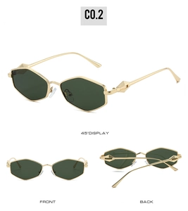 Vue triple des lunettes de soleil hexagonales avec monture dorée et verres vert foncé