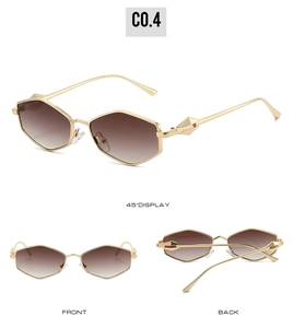 Détails de lunettes de soleil hexagonales dorées avec verres dégradés et décor géométrique