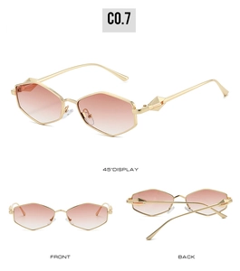 Détail de lunettes de soleil hexagonales en métal avec verres dégradés et or