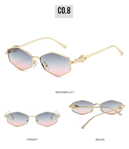 Trois angles de lunettes de soleil hexagonales avec verres dégradés bleu et rose