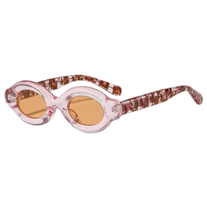Vintage oval sunglasses with transparent pink frames and orange lenses in a 45-degree view